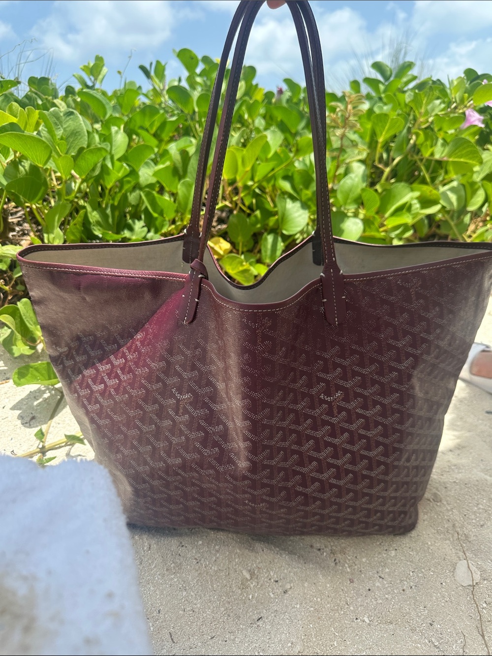 Authentic Goyard Burgundy Saint Louis GM bag. Very worn.